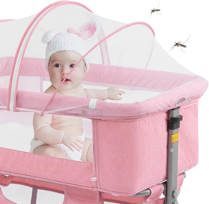 3 in 1 Travel Baby Crib,Baby Bed with Breathable Net,Adjustable Portable Bed for Infant/Baby with Detachable Mosquito net and Mattress,Pink