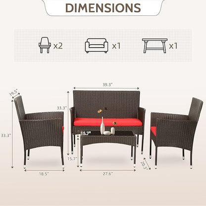 FDW 4 Pieces Wicker Patio Conversation Set Patio Furniture Set with Rattan Chair Loveseats Coffee Table for Outdoor Indoor Garden Backyard Porch Poolside Balcony,Brown Wicker/Red Cushions