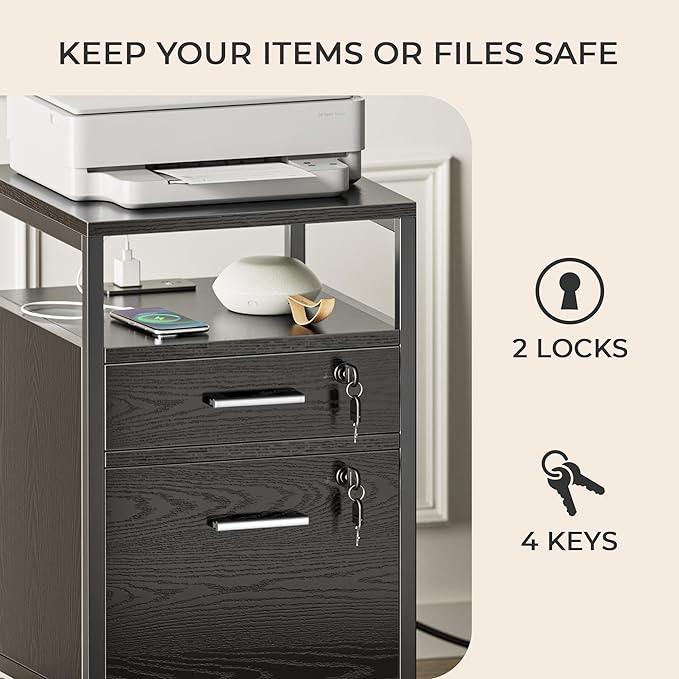 SUPERJARE File Cabinet with Lock & Charging Station, 2 Drawers Rolling Filing Cabinet, Office File Cabinet with Wheels & Open Shelf, for Home Office, A4/Letter Size Files Under Desk - Black