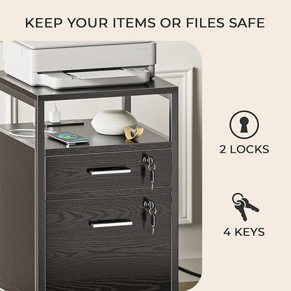 SUPERJARE File Cabinet with Lock & Charging Station, 2 Drawers Rolling Filing Cabinet, Office File Cabinet with Wheels & Open Shelf, for Home Office, A4/Letter Size Files Under Desk - Black