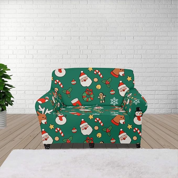 FKELYI Christmas Decorations Green Sofa Slipcover Santa Claus Stretch Sofa Couch Cover for Indoor Washable Furniture Protector with Elastic Bottom S