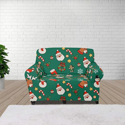 FKELYI Christmas Decorations Green Sofa Slipcover Santa Claus Stretch Sofa Couch Cover for Indoor Washable Furniture Protector with Elastic Bottom S