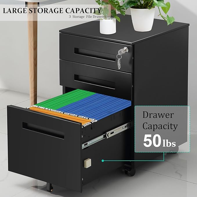 3-Drawer Mobile File Cabinets Rolling Metal Filing Cabinet for Legal & Letter File Anti-tilt Design with Lock Under Desk Office Drawers Fully Assembled Except Casters Black(Style 3)