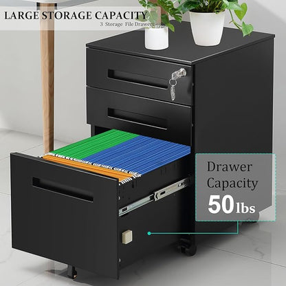 3-Drawer Mobile File Cabinets Rolling Metal Filing Cabinet for Legal & Letter File Anti-tilt Design with Lock Under Desk Office Drawers Fully Assembled Except Casters Black(Style 3)