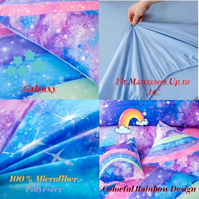Rainbow Nebula Teen Bedding Comforter Set for Girls, Gradient Glitter Bedding Set Full Size, 3D Tie Dye Blue Comforter Bedding Sets, 6Pcs Bed in A Bag for All Season