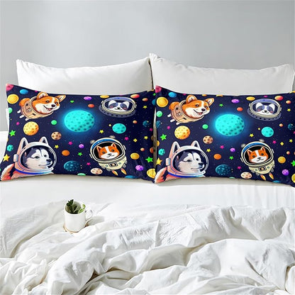 Dog Pattern Comforter Set - 3Pcs Cartoon Universe Dogs Theme Bedding Set for Boys Girls Kids Bedroom Kawaii Animal Pets Bedspreads Cover with 2 Pillowcases for All Season, Queen Size