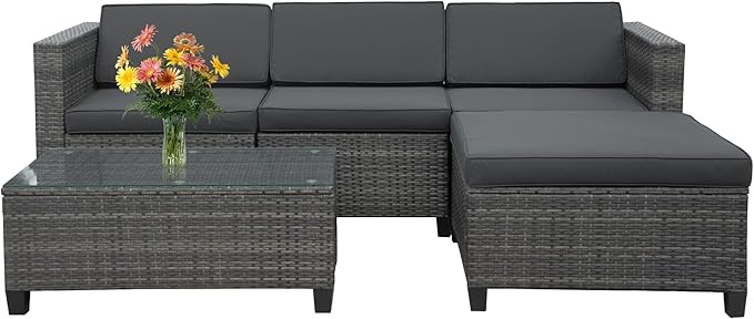 5 Piece Outdoor Patio Sectional Furniture Set, Weather Resistant Rattan Outside Couch, Waterproof Conversation Sofa for Balcony, Porch, Backyard, Deck, Garden, Grey