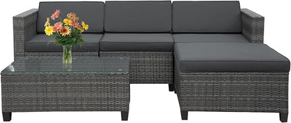 5 Piece Outdoor Patio Sectional Furniture Set, Weather Resistant Rattan Outside Couch, Waterproof Conversation Sofa for Balcony, Porch, Backyard, Deck, Garden, Grey
