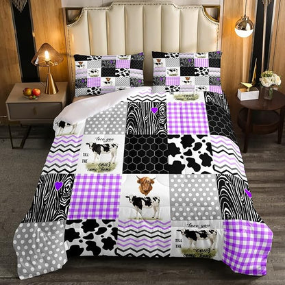 Erosebridal Cute Cow Print Comforter Set Twin Size Kawaii Highland Cow Bedding Set Bedroom Decor Honeycomb Plaid Pattern Geometric Stripes Down Comforter Farm Animals Duvet Set, Purple Black Grey