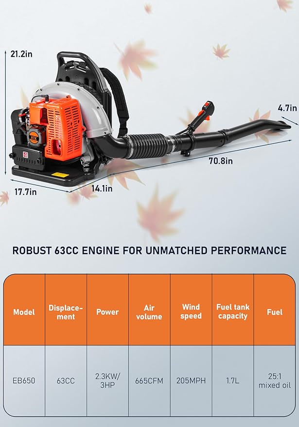 HTK 63CC Gas Backpack Leaf Blower - 2-Stroke Engine, High-Velocity 665CFM, Ergonomic & Low-Vibration, Cruise Control, Ideal for Year-Round Yard Maintenance (63CC Backpack Blower)