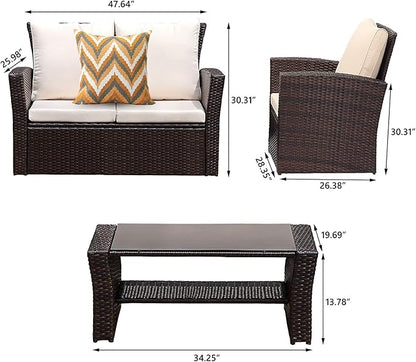 4 Piece Patio Furniture Sets, All-Weather Wicker Conversation Sets, Outdoor Rattan Sectional Sofa Chair with Cushions and Coffee Table for Balcony, Garden, Backyard, Brown