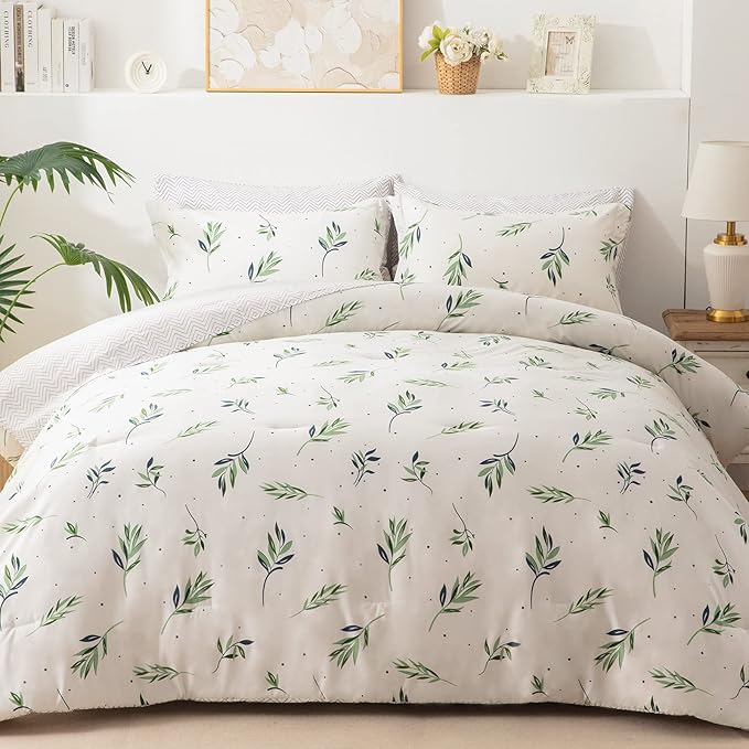 EMME King Comforter Set - Sage Green Floral Bedding Set 7 PCS with Nature Leaves Pattern, Soft Leaf Printed Botanical Bed Set with Sheets, Fluffy Bed Bag for All Season(102"X90")