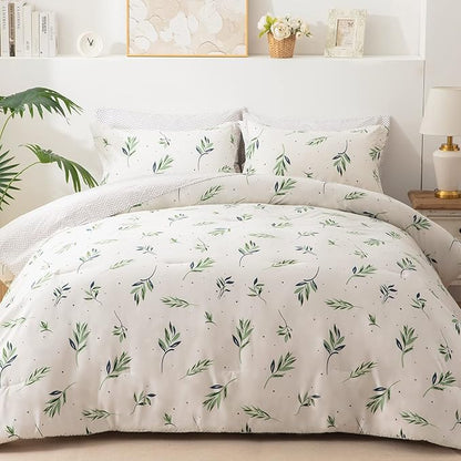 EMME King Comforter Set - Sage Green Floral Bedding Set 7 PCS with Nature Leaves Pattern, Soft Leaf Printed Botanical Bed Set with Sheets, Fluffy Bed Bag for All Season(102"X90")