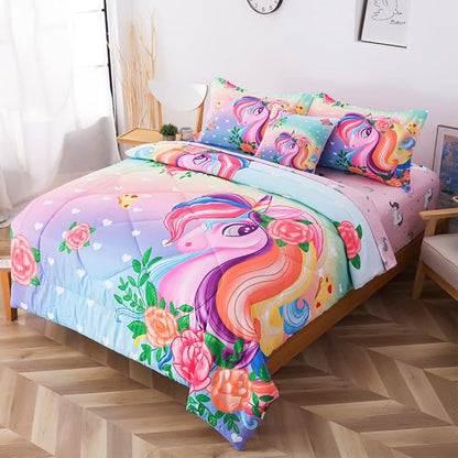 ADASMILE A & S Unicorn Comforter Set Full with Sheets 6 Pieces Floral Pink Unicorn Bedding Set for Girls Kids Unicorn Sheets Soft Bed-in-a-Bag Comforter Reversible Bed Comforter Set for Home Decor