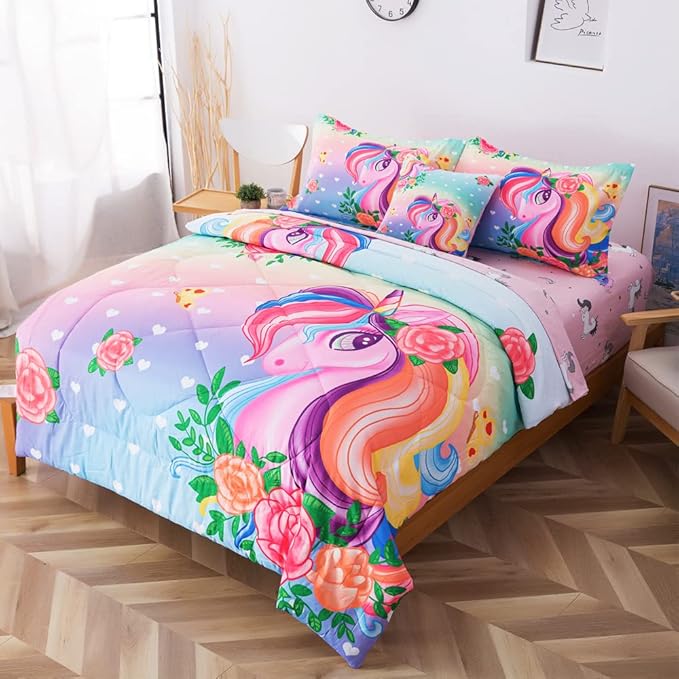 ADASMILE A & S Unicorn Comforter Set Twin with Sheets 6 Pieces Floral Pink Unicorn Bedding Set for Girls Kids Unicorn Sheets Soft Bed-in-a-Bag Comforter Reversible Bed Comforter Set for Home Decor