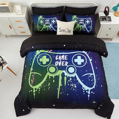 KAKKI Kids Gaming Bedding Sets Queen Size for Boys Teen, 5 Piece Bed in a Bag Gamer Comforter Set with Sheets, 3D Colorful Game Controller Comforter, All Season Soft Microfiber Bed Set(Blue,Queen)