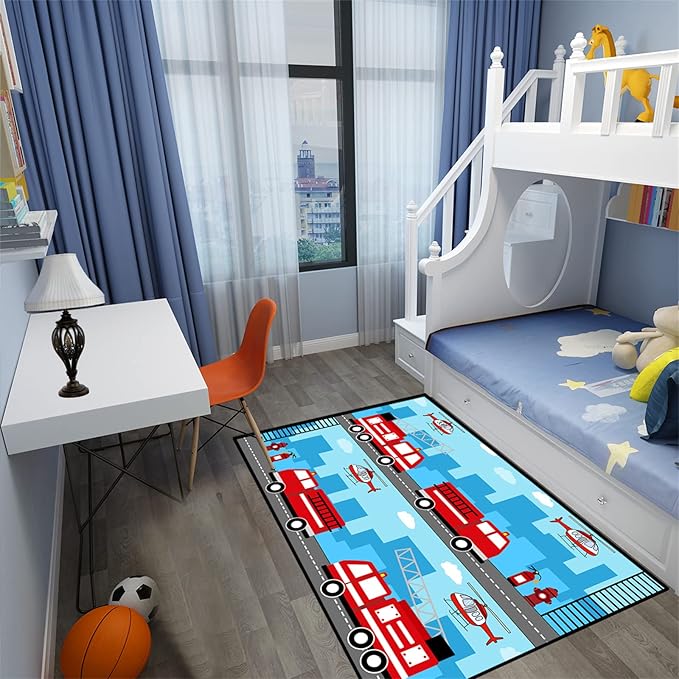 Car Rug Play Mat Car Rug Play Mat Car Rug for Boys Room Fire Fighting Truck Red Car Printed Rug Play Rug for Cars and Trucks Play Rugs for Kids Rooms,Light Blue 3'×5'