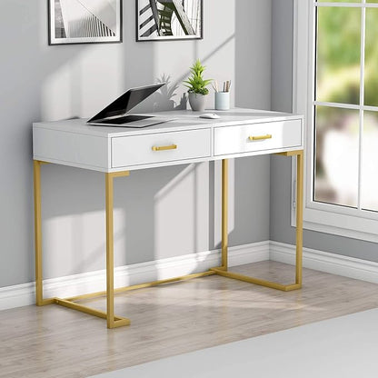 Tribesigns 40 Inch Computer Desk, White and Gold Desk with 2 Drawers, Modern Simple Home Office Desk, Gold Writing Desk Study Table for Bedroom, Modern Makeup Vanity Desk for Small Spaces
