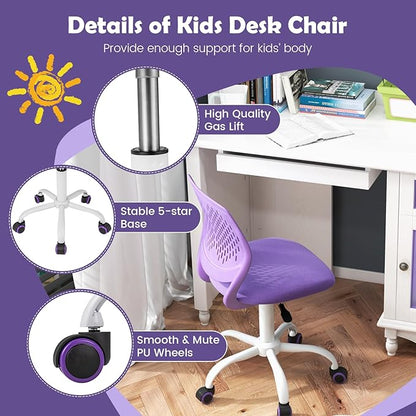 Kids Desk Chair, Purple Ergonomic Kids Office Chair Ages8-12 w/Lumbar Support, Low-Back Teen Desk Chair for Girls Boys, Small Cute Kids Computer Chair for Bedroom/Study/Vanity Desk