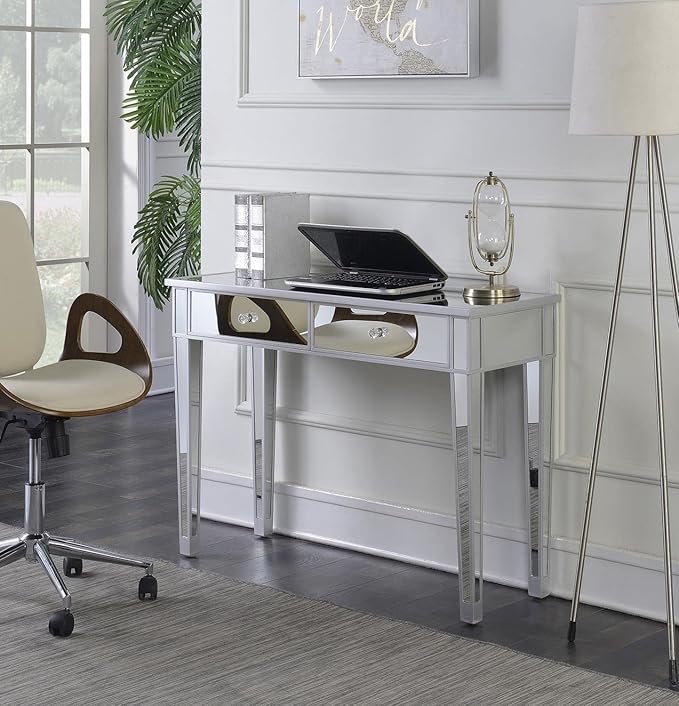 Convenience Concepts Gold Coast Desk 42" Console Table with 2 Drawers for Storage in Living Room, Office, Den, 42 x 15 x 30 inches, Silver/Mirror