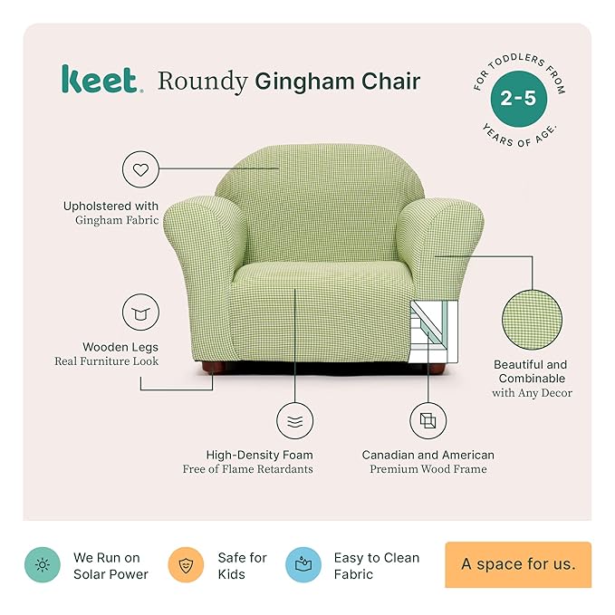KEET Roundy Kid's Chair, Gingham Chair Only, Wood,Green