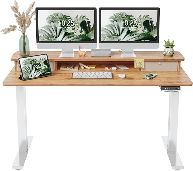 FEZIBO 55 x 24 Inch Height Adjustable Electric Standing Desk with Double Drawer, Stand Up Desk with Storage Shelf, Sit Stand Desk, Light Rustic