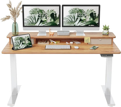 FEZIBO 55 x 24 Inch Height Adjustable Electric Standing Desk with Double Drawer, Stand Up Desk with Storage Shelf, Sit Stand Desk, Light Rustic