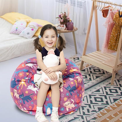 Stuffed Animal Storage Bean Bag Chair Cover, Hold Kids Plush Toys Blankets Towels Beanbag (Cover Only), Canvas Floor Circle Stuff Sit Seat Sofa with YKK Zipper, Large 32", Cat