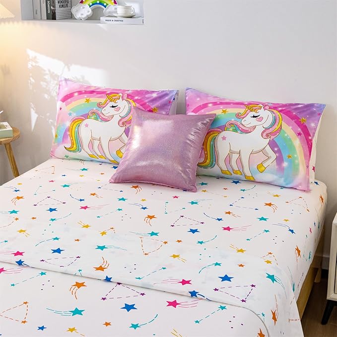 Aimuan Girls Unicorn Comforter Set 6 Pieces Pink Purple Bedding Set with Rainbow Star Galaxy Stars Fantasy Children Room Decor Soft Reversible Bed Sets for Boys/Girls/Teens (Rainbow Full6Pcs)