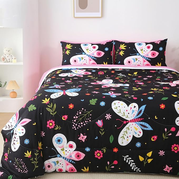 Kids Butterfly Comforter Set Full Size for Girls Black 7 Piece Bed in A Bag Colorful Flowers Leaves Bedding Set for Teens Super Soft All Season