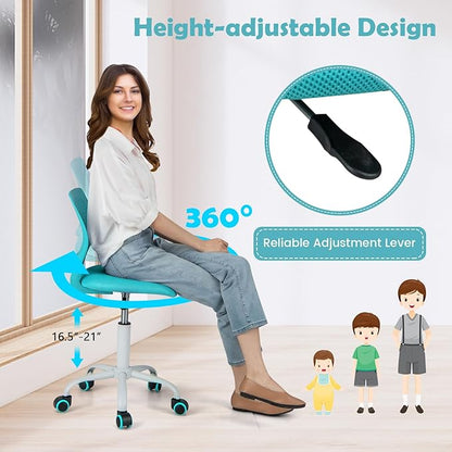 Kids Desk Chair, Ergonomic Kids Office Chair Ages8-12 w/Lumbar Support, Low-Back Teen Desk Chair for Girls Boys, Small Cute Kids Computer Chair for Bedroom/Study/Vanity Desk, Turquoise