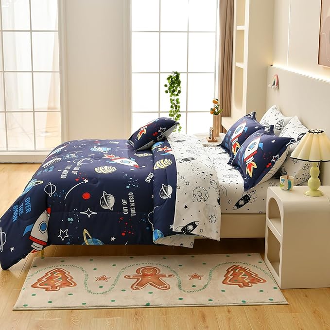 8 Piece Kid Comforter Set Twin Size Bed in a Bag, Space Rocket Bedding Set for Teen Boys Girls