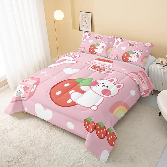 Strawberry Rabbit Comforter Set for Kids Teens Girls Women,Pink Bunny Kids Comforter,1 Comforter with 2 Pillowcase, Microfiber 3 Piece Bedding Set,for All Seasons(Pink，Full Size)