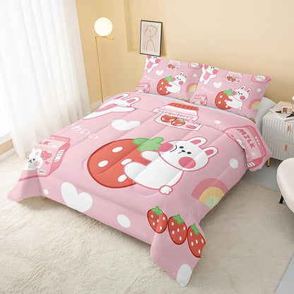 Strawberry Rabbit Comforter Set for Kids Teens Girls Women,Pink Bunny Kids Comforter,1 Comforter with 2 Pillowcase, Microfiber 3 Piece Bedding Set,for All Seasons(Pink，Queen Size)