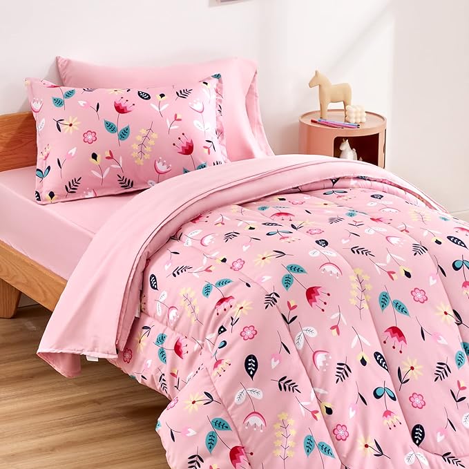 SLEEP ZONE Kids Bedding Comforter Set Full/Queen Size - Super Cute & Soft Kids Bedding 7 Pieces Set with Comforter, Sheet, Pillowcase & Sham (Pink Flower)