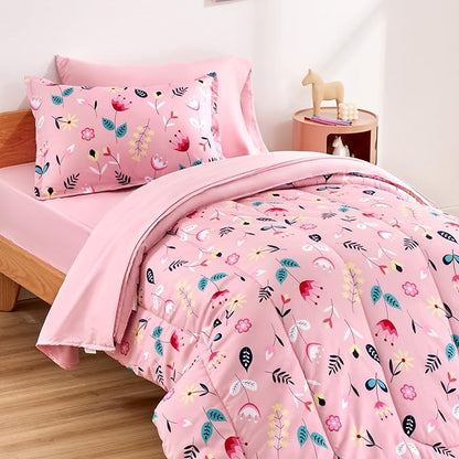 SLEEP ZONE Kids Bedding Comforter Set Full/Queen Size - Super Cute & Soft Kids Bedding 7 Pieces Set with Comforter, Sheet, Pillowcase & Sham (Pink Flower)