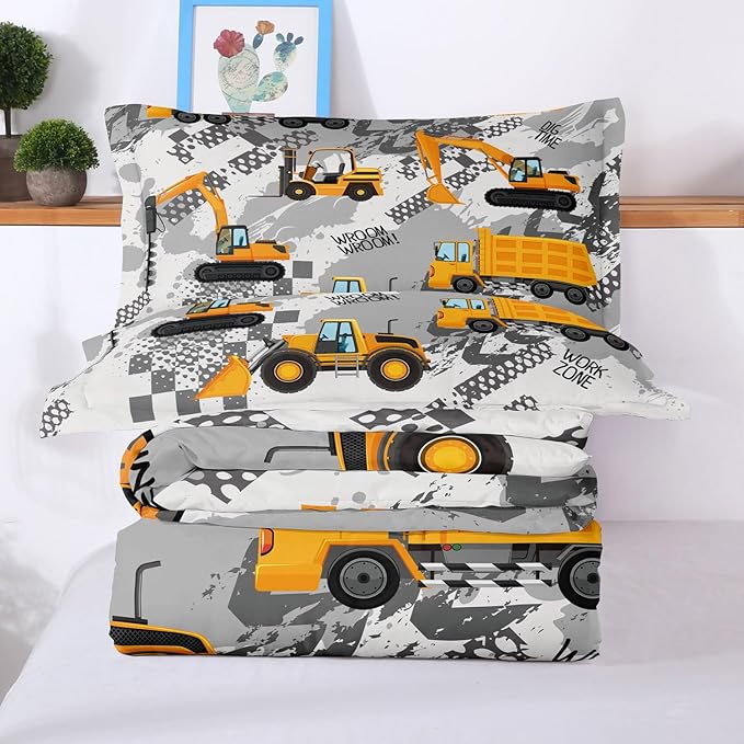 3-Pcs Construction Kids Bedding Set for Boys, Reversible Twin Truck Bed Comforter Set, Cartoon Excavator Car Printed Bedding Sets with Tire Marks