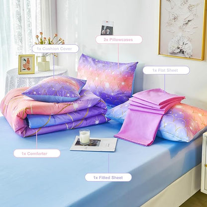 PERFEMET Mermaid Scales Queen Comforter Set 6 Pieces Purple Orange Comforter for Queen Size Bed Teen Girls Glitter Bedding Set Rainbow Tie Dye Bed in A Bag