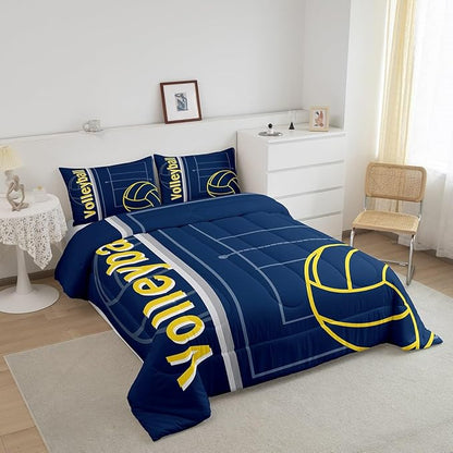 Feelyou Volleyball Bedding Set Queen Size Sports Game Comforter Set for Kids Boys Girls Decor Volleyball Player Comforter Microfiber Blue Yellow Duvet Set Bedroom Quilt Set