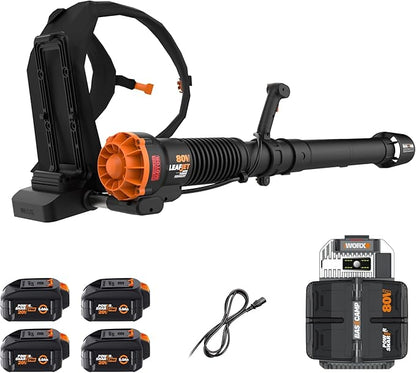 Worx Nitro 80V Cordless Leaf Blower, 800 CFM 150 MPH, Brushless Backpack Electric Leaf Blower WG572, Turbine Fan, Variable Air Control – 4 PowerShare Batteries, Basecamp Charger Included