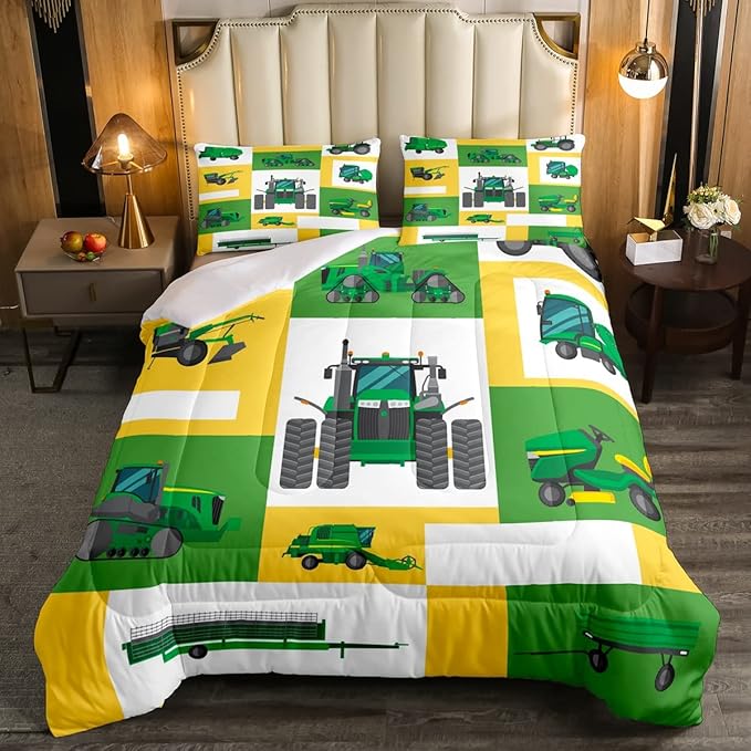 Erosebridal Kids Truck Comforter Set Full Size Boys Cartoon Tractor Down Comforter Excavator Construction Bedding Set Farmhouse Car Vehicle Duvet Set Bedroom Dorm Decor, Yellow Green