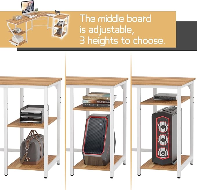 L Shaped Desk Reversible, Corner Computer L Desk with Storage Shelves, Modern Gaming Desk Workstation for Home Office, Walnut
