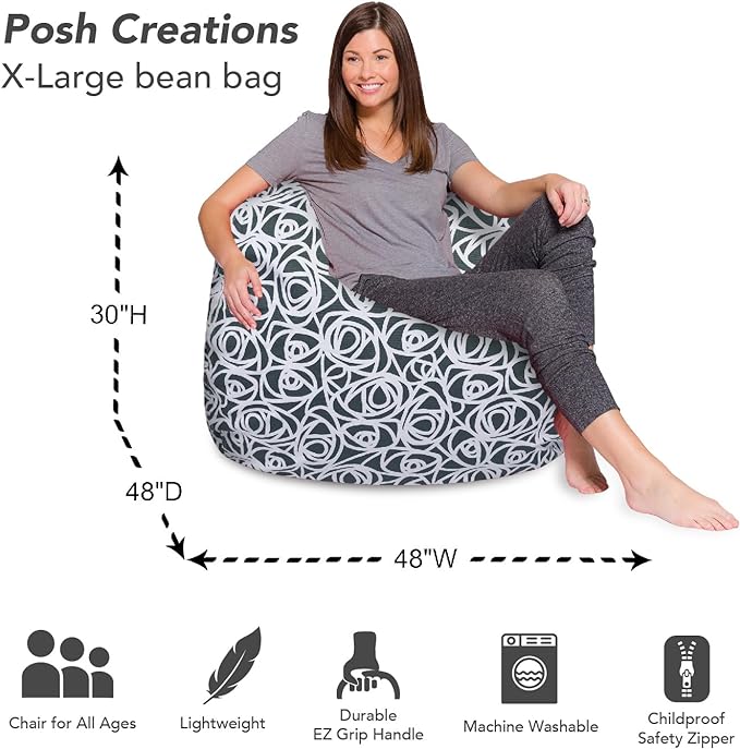 Posh Creations Bean Bag Chair for Kids, Teens, and Adults Includes Removable and Machine Washable Cover, 48in - X-Large, Canvas Roses Gray