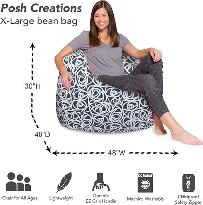 Posh Creations Bean Bag Chair for Kids, Teens, and Adults Includes Removable and Machine Washable Cover, 48in - X-Large, Canvas Roses Gray
