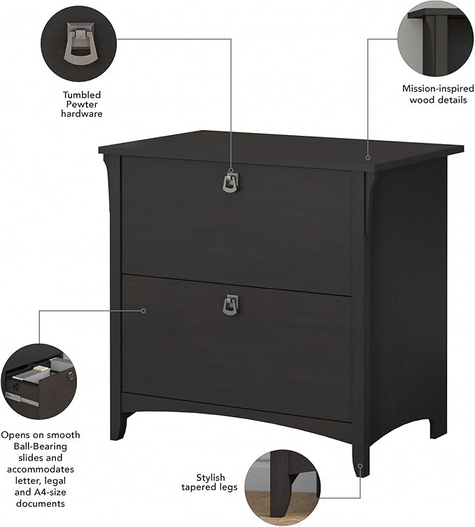 Bush Furniture Salinas 2 Drawer Lateral File Cabinet | Home Office Storage for Letter, Legal, and A4-size Documents, Vintage Black
