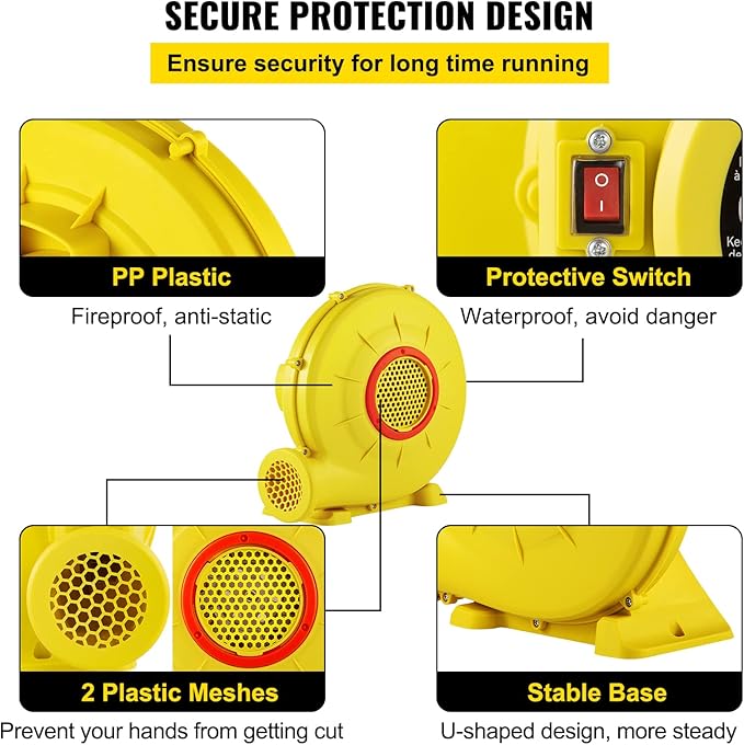 VEVOR Air Blower, 450W 0.6HP Inflatable Blower, Portable and Powerful Bounce House Blower, 1750Pa Commercial Air Blower Pump Fan, Used for Inflatable Bouncy Castle and Jump Slides, Yellow