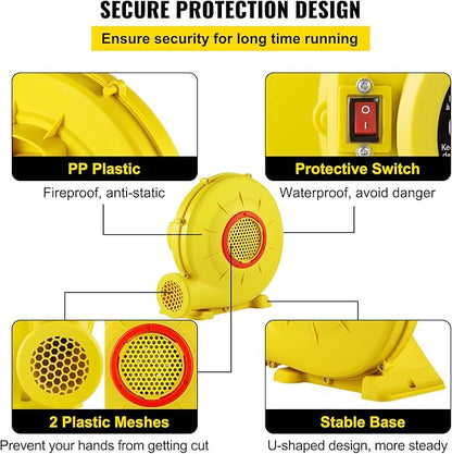 VEVOR Air Blower, 450W 0.6HP Inflatable Blower, Portable and Powerful Bounce House Blower, 1750Pa Commercial Air Blower Pump Fan, Used for Inflatable Bouncy Castle and Jump Slides, Yellow