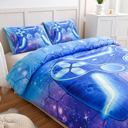 NTBED Game Console Comforter Set for Boys Girls Kids 3D Gaming Geometric Lightweight Microfiber Bedding Sets (Blue Purple, Queen)