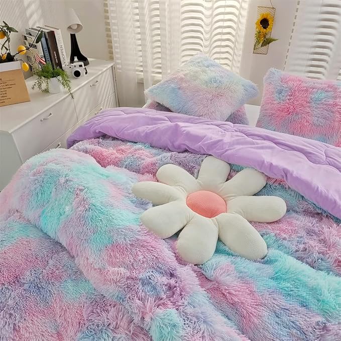 Faux Fur Kids Girls Purple Rainbow Comforter Sets King - 3PC Bed Set Warm Comfortable Soft Plush Flannel Velvet Fluffy Fuzzy Bedding（Comforter x 1 Pillowcases x 2）