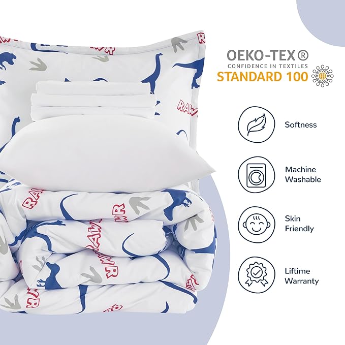 SLEEP ZONE Cartoon Dinosaur Comforter Set, Dark Blue Kids Bedding Set for Boys, Dinosaurs Print Comforter, Sheet, Pillowcase & Sham (Dinosaur Footprints, Twin)
